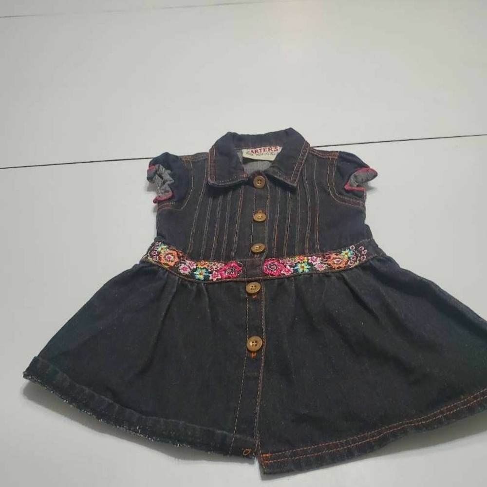 Carters Girls Denim A-Line Dress Blue Pleated Buttons Embroidered Cotton 18 M